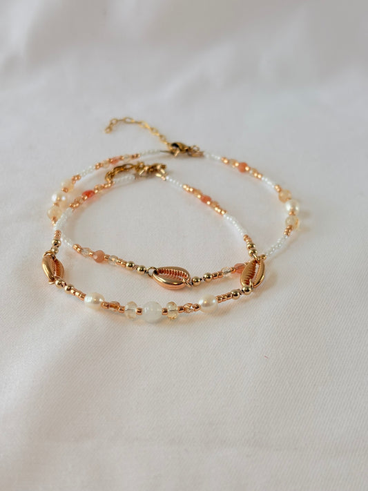 Chaîne de cheville Double Manoa – Citrine, Pierre de lune & Perles d’eau douce